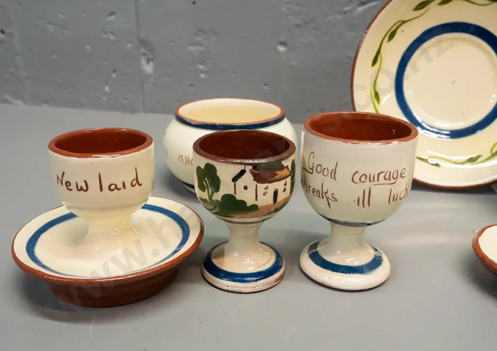 assorted Torquay ware - egg cups, cup & saucer, mug, pin dish, etc. - larger plate D-140 has fabric hanger on back - Image 1++