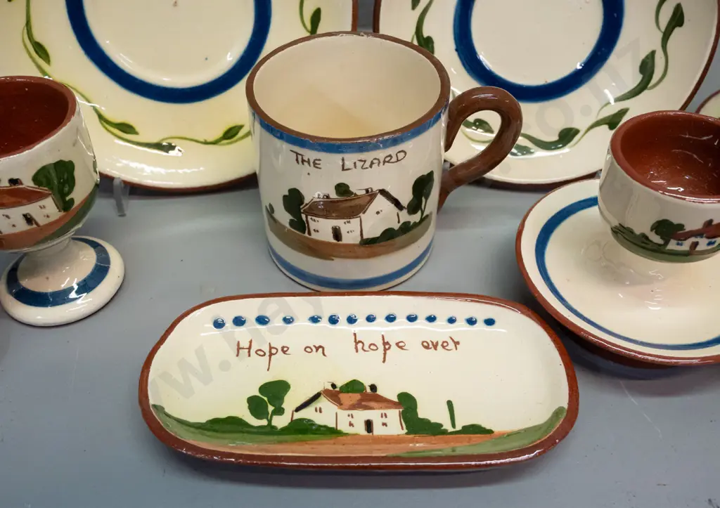 assorted Torquay ware - egg cups, cup & saucer, mug, pin dish, etc. - larger plate D-140 has fabric hanger on back - Image 1++