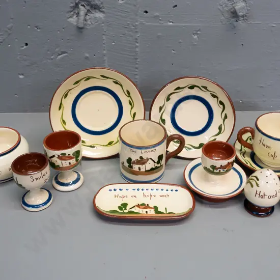 assorted Torquay ware - egg cups, cup & saucer, mug, pin dish, etc. - larger plate D-140 has fabric hanger on back -