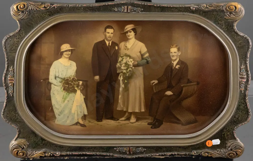 vintage convex glass framed hand coloured photograph - wedding group H350 W530 Image 1++