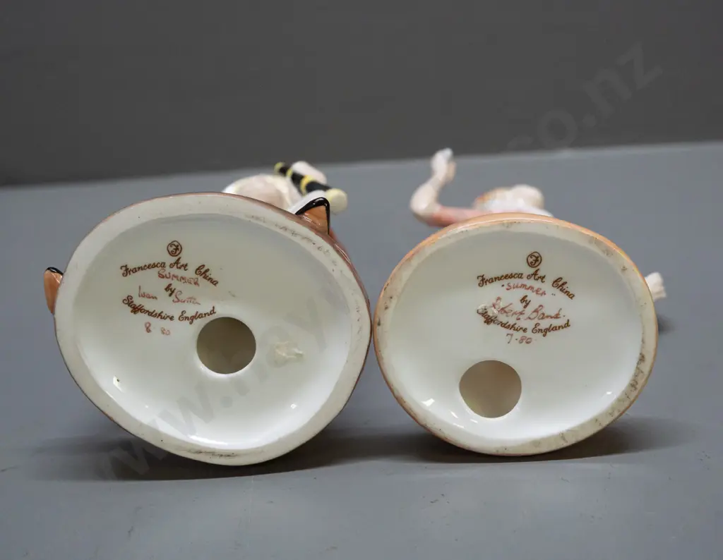 2x hand-painted signed Francesca Art China Staffordshire figurines - male & female "Summer" pair - male is H-175 Image 1++