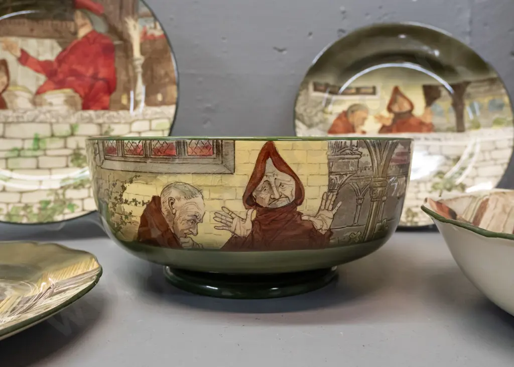 5 pieces of Royal Doulton Jackdaw of Rheims series ware - 3 plates, 2 bowls, one with scalloped edge, other has stains Image 1++