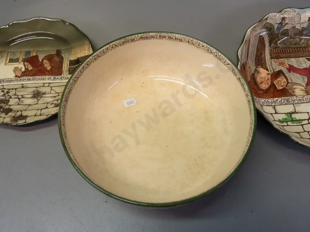 5 pieces of Royal Doulton Jackdaw of Rheims series ware - 3 plates, 2 bowls, one with scalloped edge, other has stains Image 1++