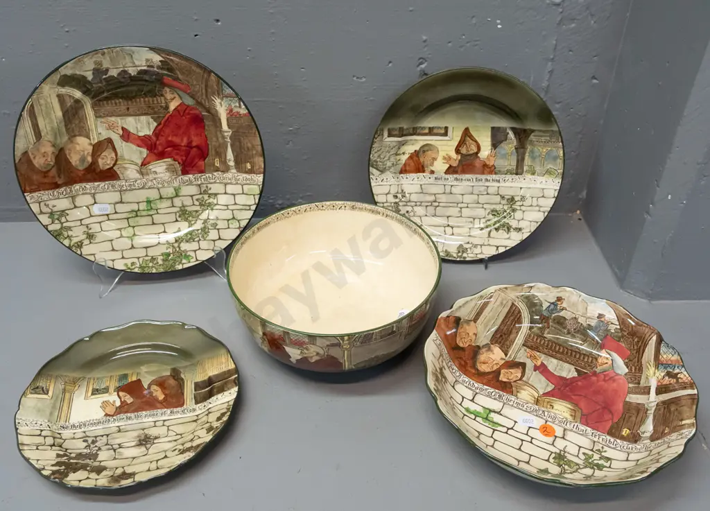 5 pieces of Royal Doulton Jackdaw of Rheims series ware - 3 plates, 2 bowls, one with scalloped edge, other has stains Image 1++