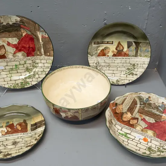 5 pieces of Royal Doulton Jackdaw of Rheims series ware - 3 plates, 2 bowls, one with scalloped edge, other has stains