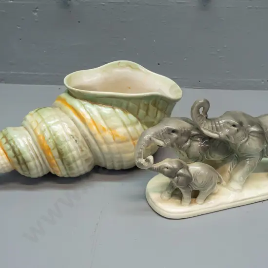 vintage Shorter & Sons shell vase and an elephant group figure with no maker's marks, minor crazing, vase has some