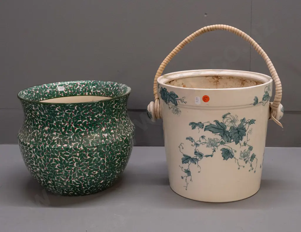 Wedgwood Etruria "Tyrolese" floral handled bucket/crock and Royal Doulton jardiniere with fine leaf and berry motif. Image 1++