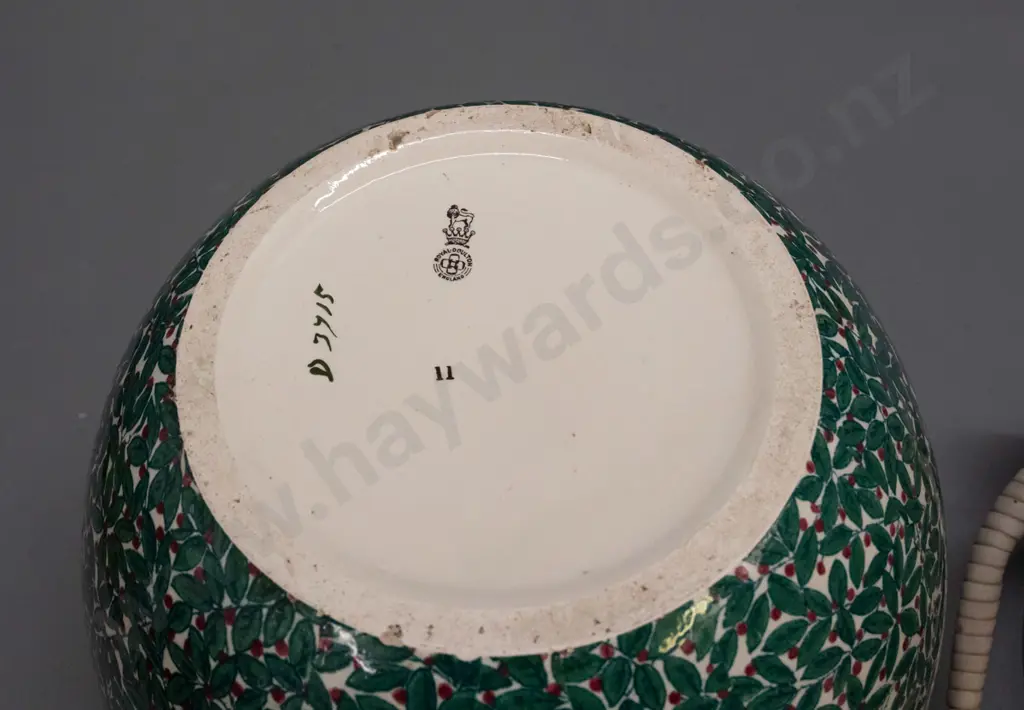 Wedgwood Etruria "Tyrolese" floral handled bucket/crock and Royal Doulton jardiniere with fine leaf and berry motif. Image 1++