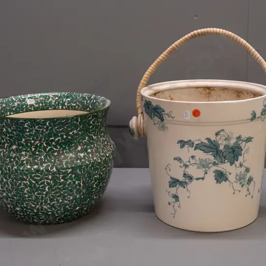 Wedgwood Etruria "Tyrolese" floral handled bucket/crock and Royal Doulton jardiniere with fine leaf and berry motif.