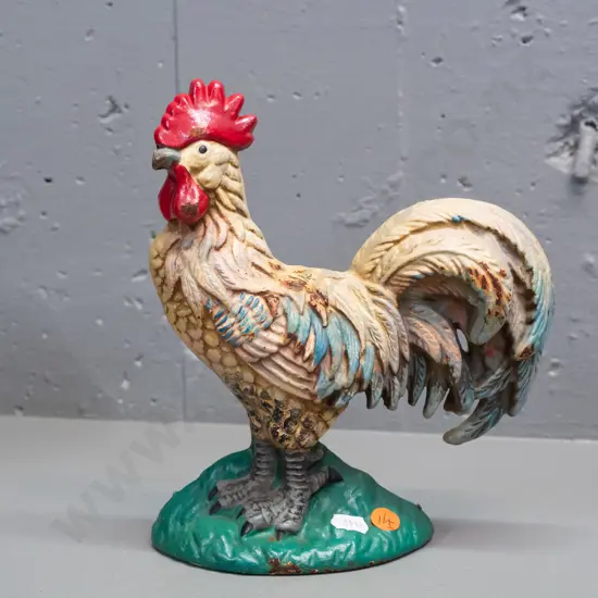 cast metal rooster door stop, polychrome painted, some corrosion & wear H-220