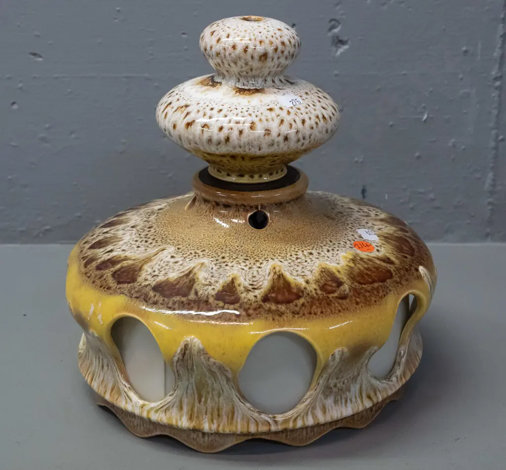 retro German pottery drip/lava glaze ceiling light fitting with separate journal and frosted plastic liner / Image 1++