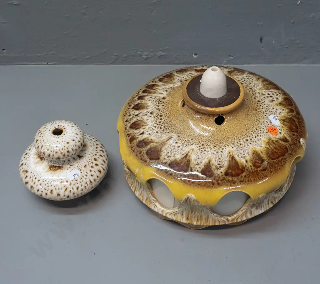 retro German pottery drip/lava glaze ceiling light fitting with separate journal and frosted plastic liner / Image 1++