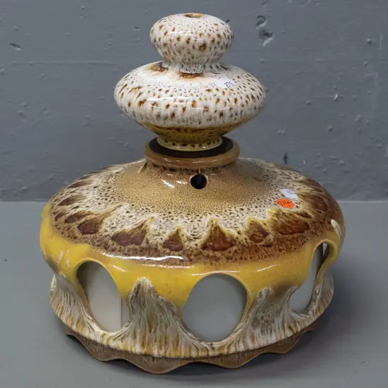 retro German pottery drip/lava glaze ceiling light fitting with separate journal and frosted plastic liner /