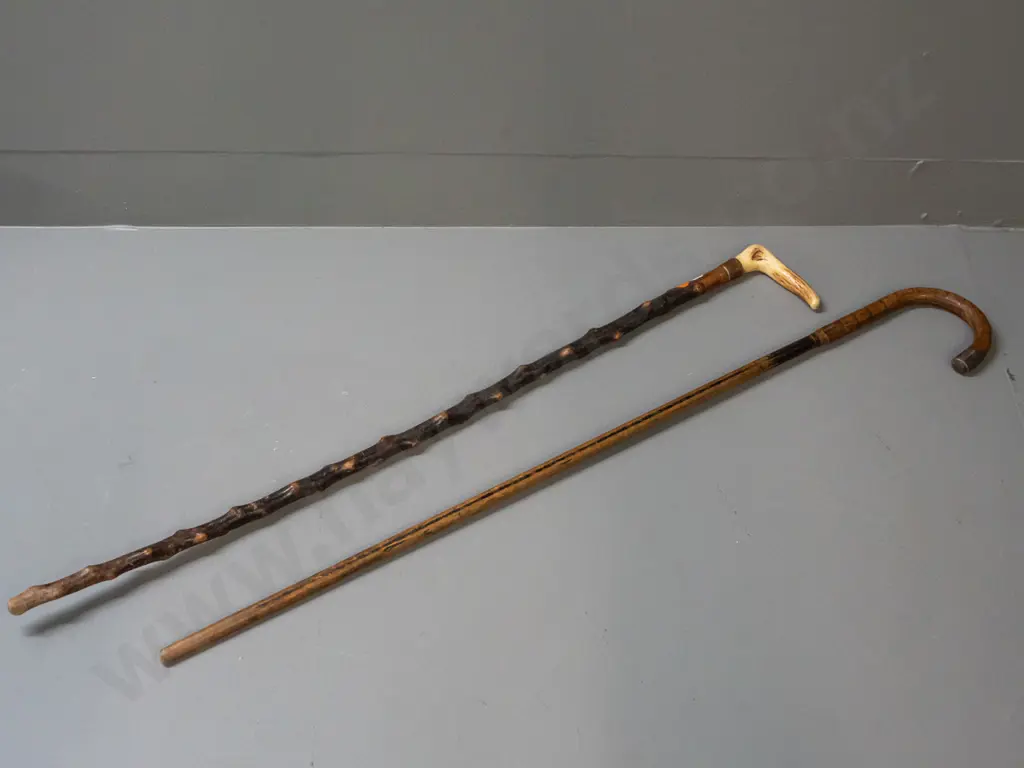 2 walking sticks - bent cane with sterling silver cap and a briar with antler handle and metal band & Image 1++