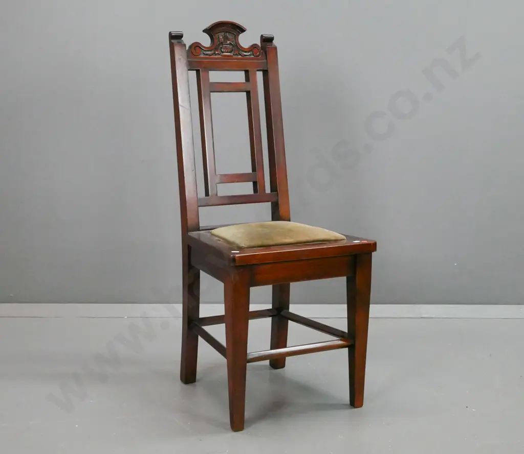 Edwardian dark stained kauri side chair with square section back splat, foliate carved top rail, square tapered legs and Image 1++
