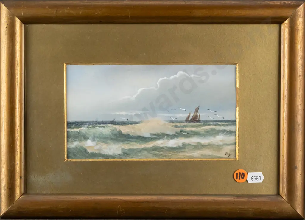 framed watercolour - sailing boat and birds H100 W180 Image 1++