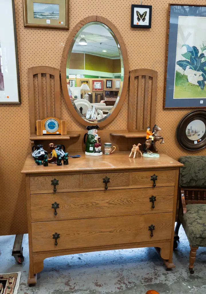 oak arts & craft mirror backed dresser, with oval beveled edge mirror, 2 shelf top above Image 1++