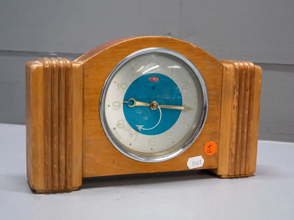vintage alarm clock with deco style timber case, mid-century style face with clouds and jet plane 2nd hand, no maker's Image 1++