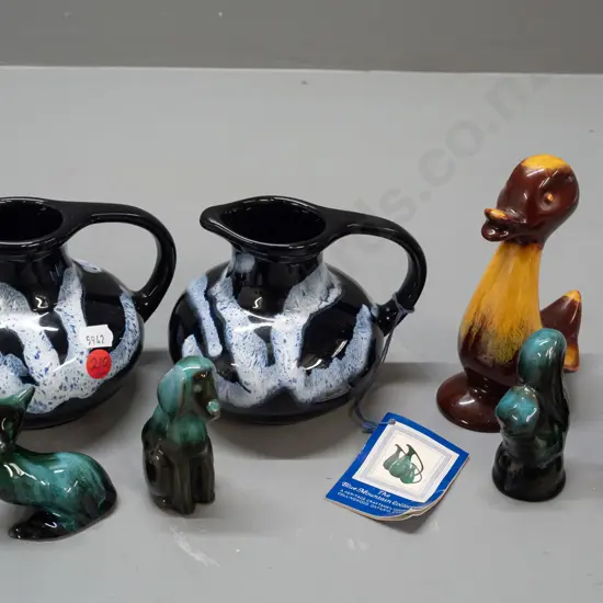 Blue Mountain Pottery - 2 blue and white jugs, gold and brown duck H-140 and 4 miniature animal figures