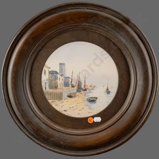 A Montague - circular framed watercolour - coastal scene Diam180