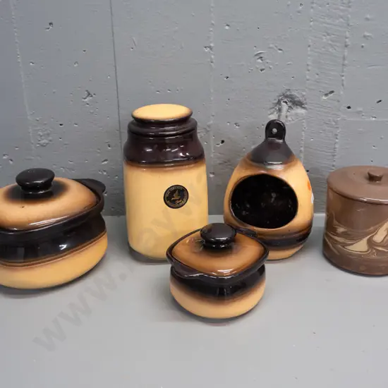 4 pieces Teal NZ pottery - salt pig, lidded canister, 2 lidded casseroles & a Te Rona lidded canister. Large casserole