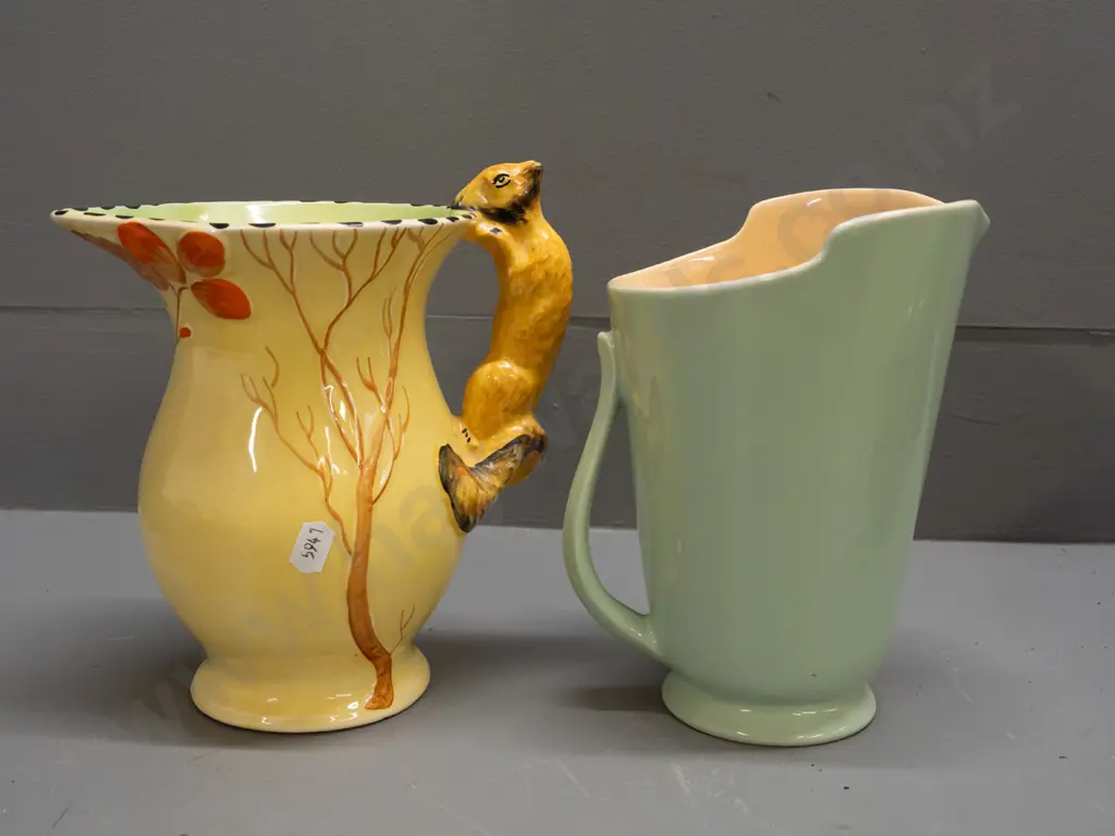 2 vintage jugs - Wade light green deco style H-180 and a Burleigh Ware with squirrel handle Image 1++