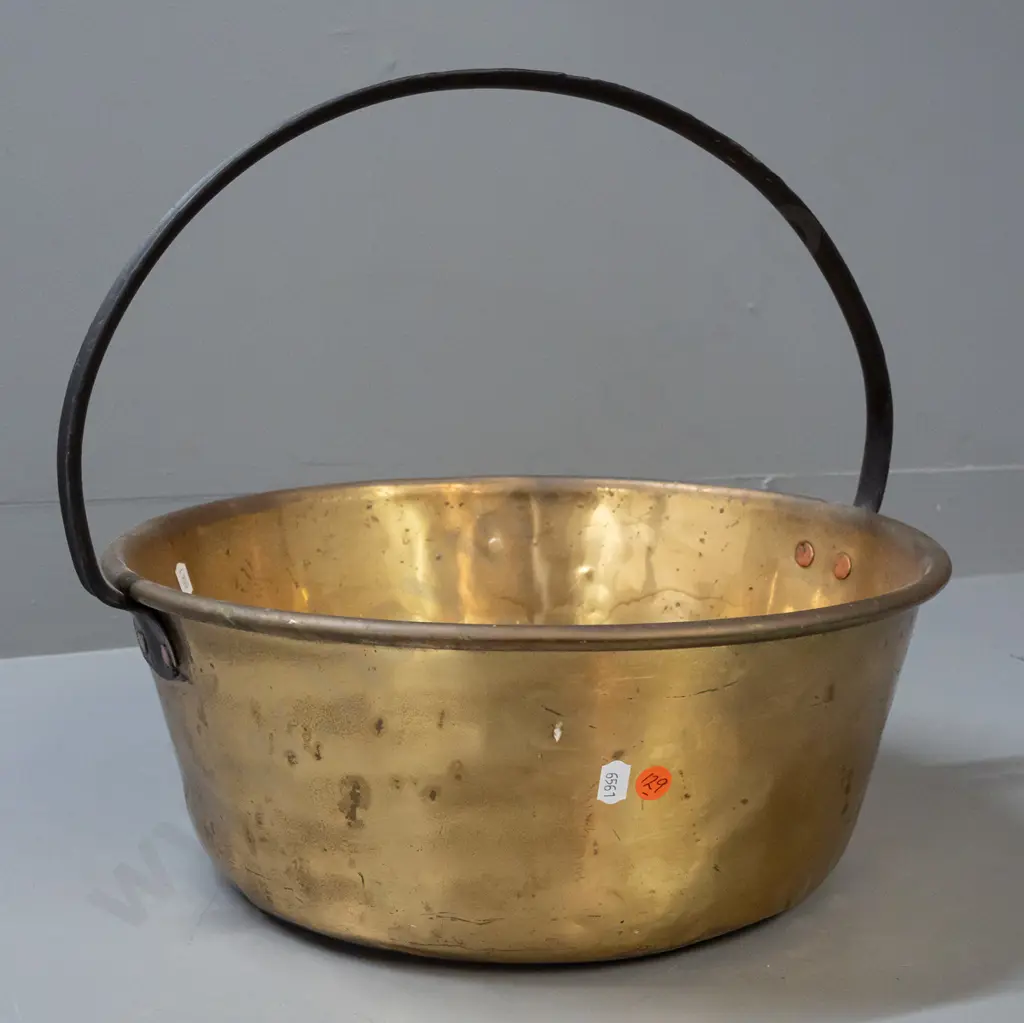 brass jam pan with iron handle - overall wear and denting H-350 D-400 Image 1++