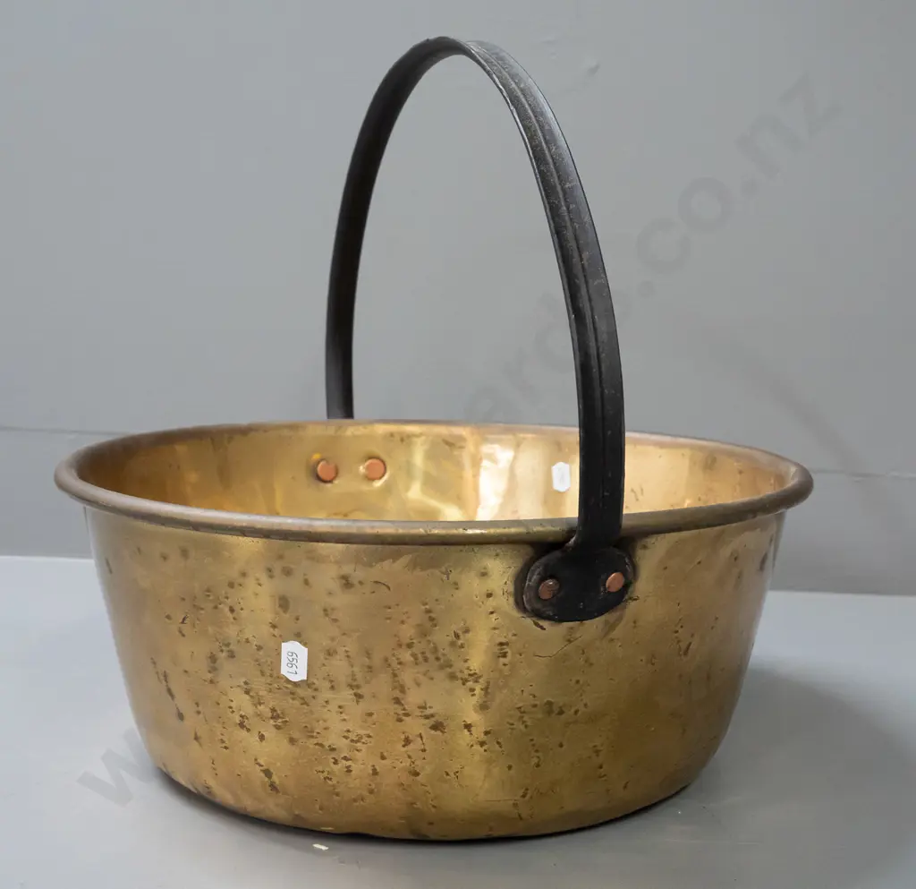 brass jam pan with iron handle - overall wear and denting H-350 D-400 Image 1++