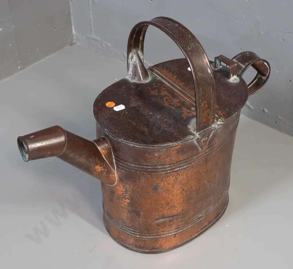 vintage watering can, copper plate over galvanised tin. Some discolouration, denting, side handle missing one support, a Image 1++