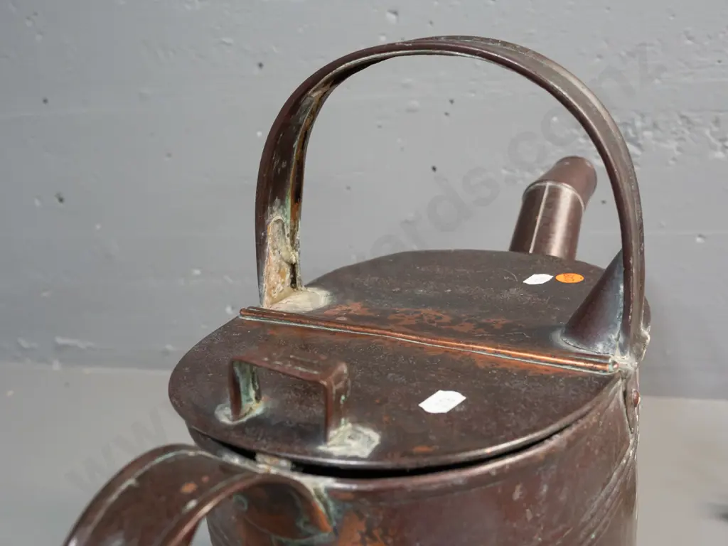 vintage watering can, copper plate over galvanised tin. Some discolouration, denting, side handle missing one support, a Image 1++