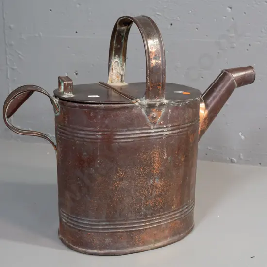 vintage watering can, copper plate over galvanised tin. Some discolouration, denting, side handle missing one support, a