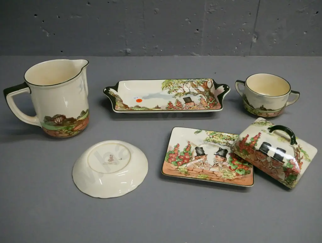 5x Royal Doulton Zunday Zmocks: Jug, sandwich tray, lidded butter dish, small dish and double-handled sugar. Jug H-130 Image 1++