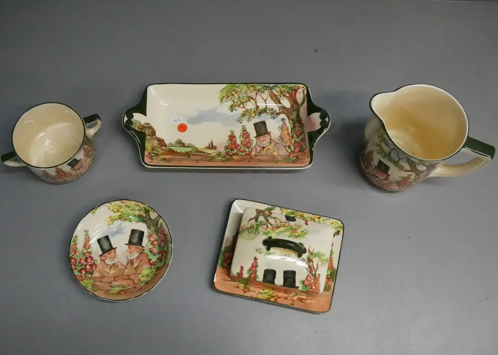5x Royal Doulton Zunday Zmocks: Jug, sandwich tray, lidded butter dish, small dish and double-handled sugar. Jug H-130 Image 1++