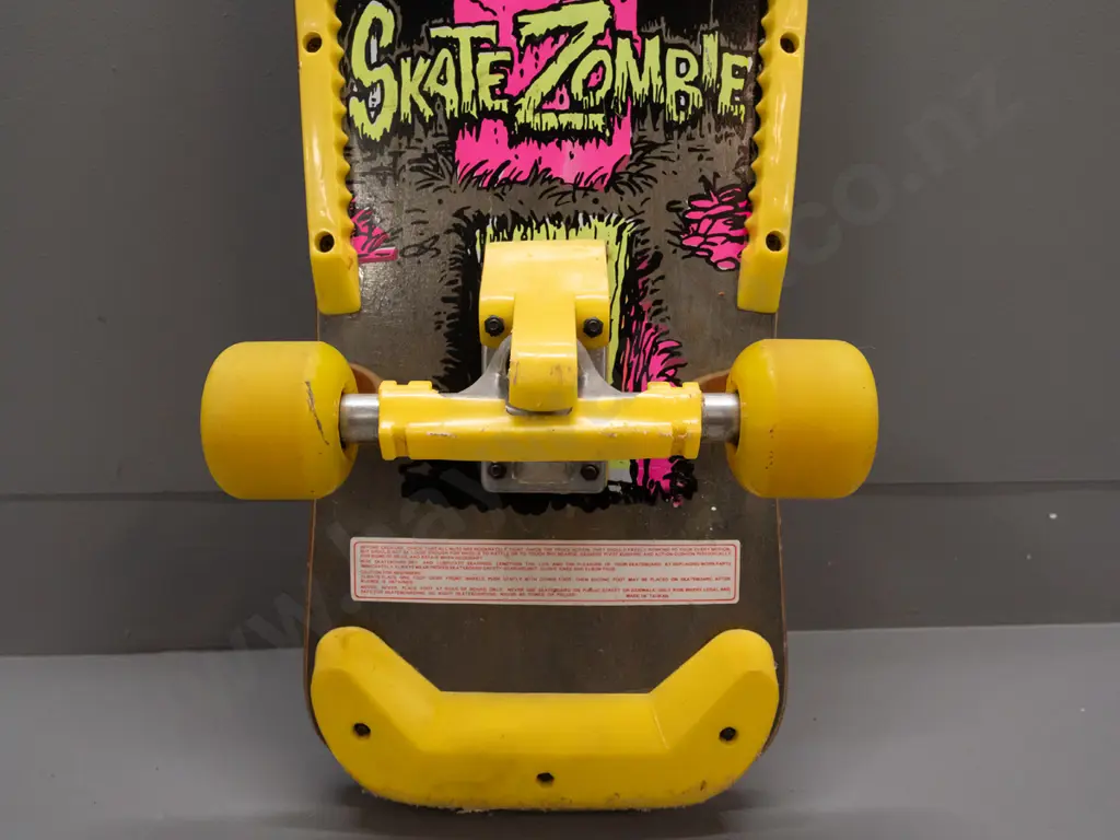 1980s skateboard with "Skate Zombie" design - good condition but some wear and scuffing from use, corrosion to screws Image 1++