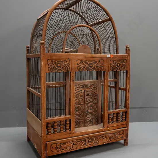 timber asian or Indian bird cage - hand-wired dome top, some corrosion and nibbling, needs a clean H-720 W-440 D-300