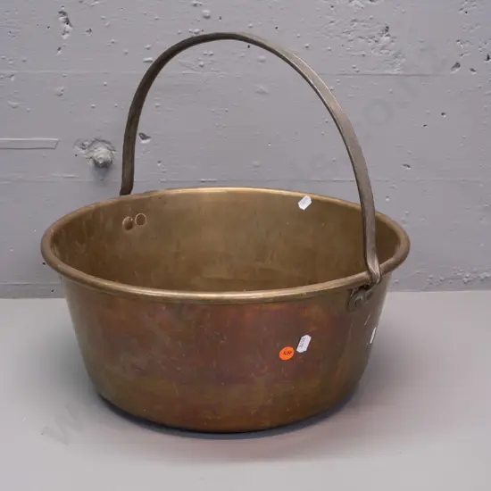 brass jam pan with fixed cast brass handle - some dents and discolouration H-370 W-380 at handles