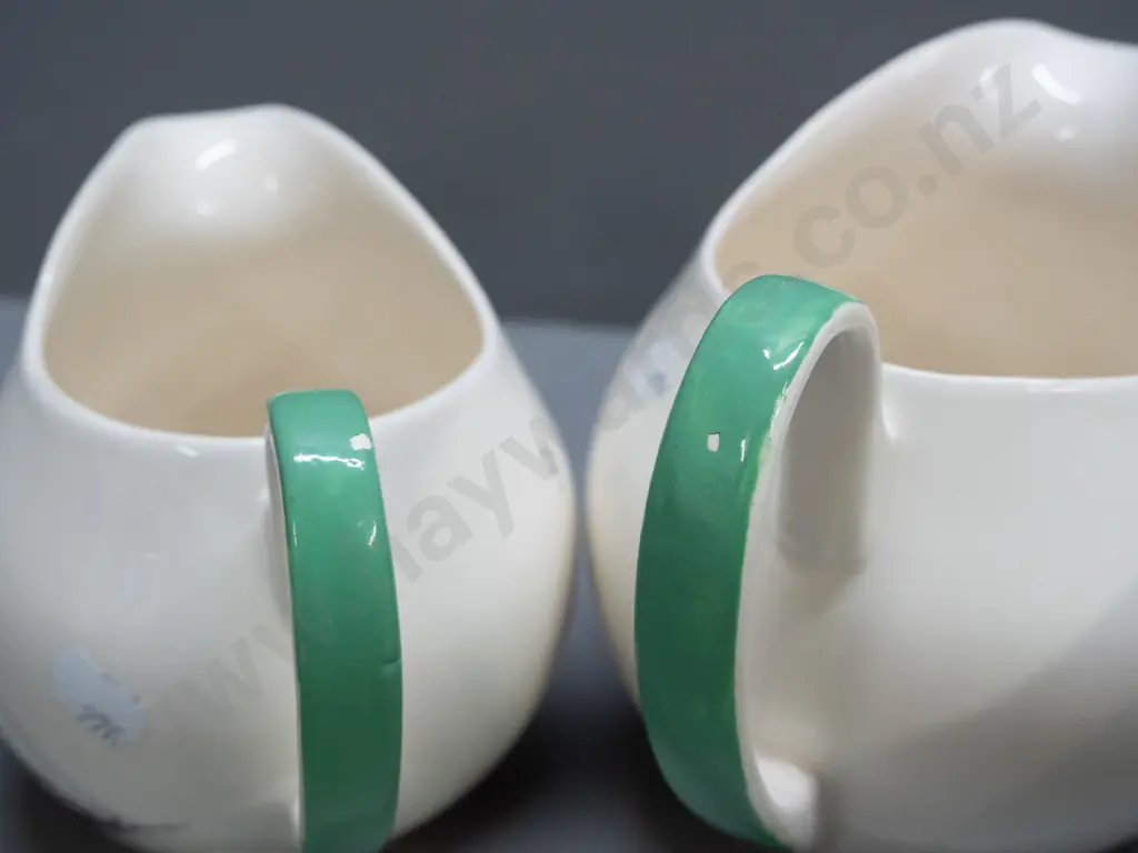 3 retro Palissy green Regatta jugs, all with some staining inside, and 2 with small chips to glaze on handles. Image 1++