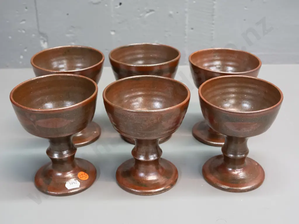 6 Barry Ball studio pottery goblets in tenmoku glaze H-125 D-100 Image 1++