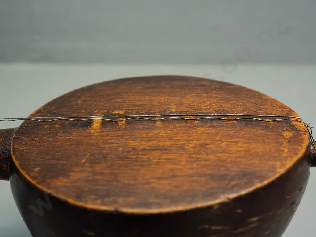 hand-made (Thai?) stringed instrument with polished coconut shell body and turned wood neck - overall age wear L-700 Image 1++