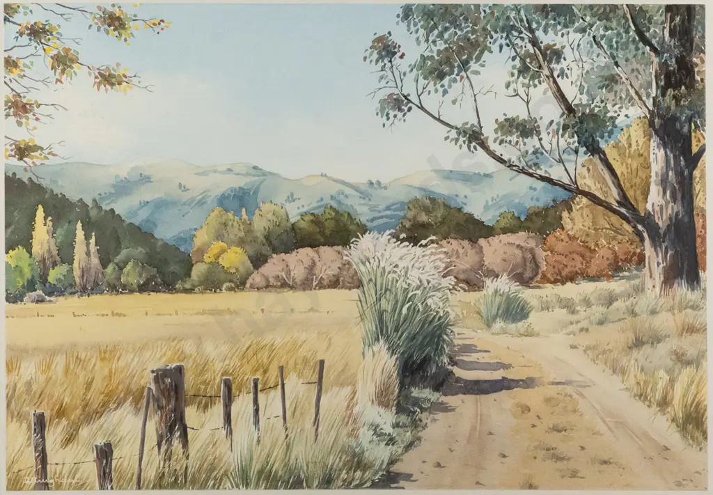 John D Allingham 1977 - framed watercolour "Pastorale-North Taieri Otago" H340 W490 Image 1++