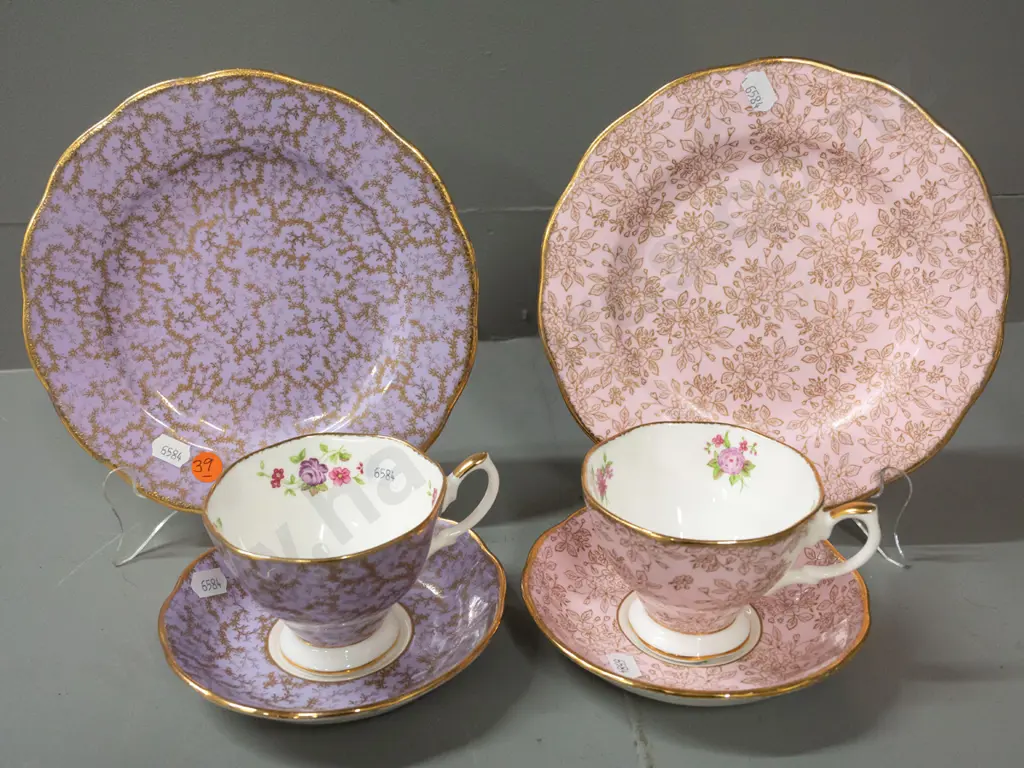 2 Royal Albert gilt floral cups, saucers and plates D-200 - "Lavender" and "Rose" Image 1++