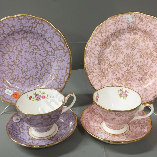 2 Royal Albert gilt floral cups, saucers and plates D-200 - "Lavender" and "Rose"