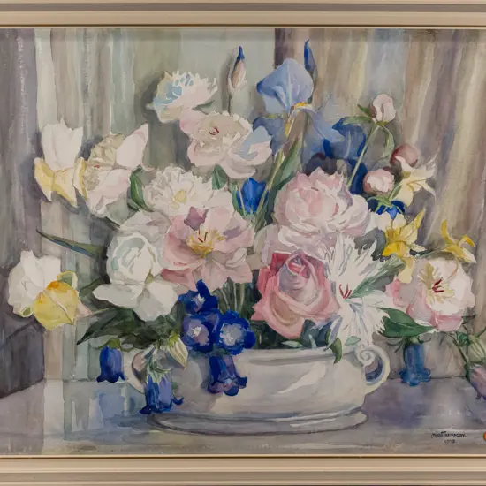 Myra Thompson 1973 - framed watercolour - flowers H540 W740