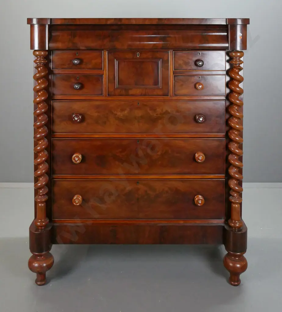 Victorian full-sized Scotch chest w/ flame mahogany drawer fronts, turned wooden knobs with mother-of-pearl inlay, brass Image 1++