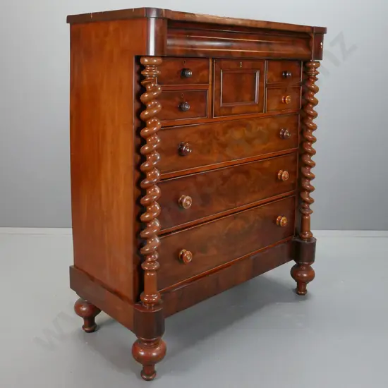 Victorian full-sized Scotch chest w/ flame mahogany drawer fronts, turned wooden knobs with mother-of-pearl inlay, brass
