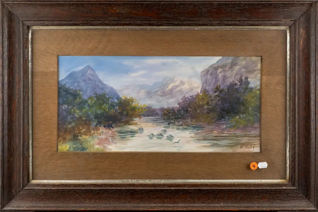 John Charles Veitch - framed watercolour - river scene H175 W375 Image 1++