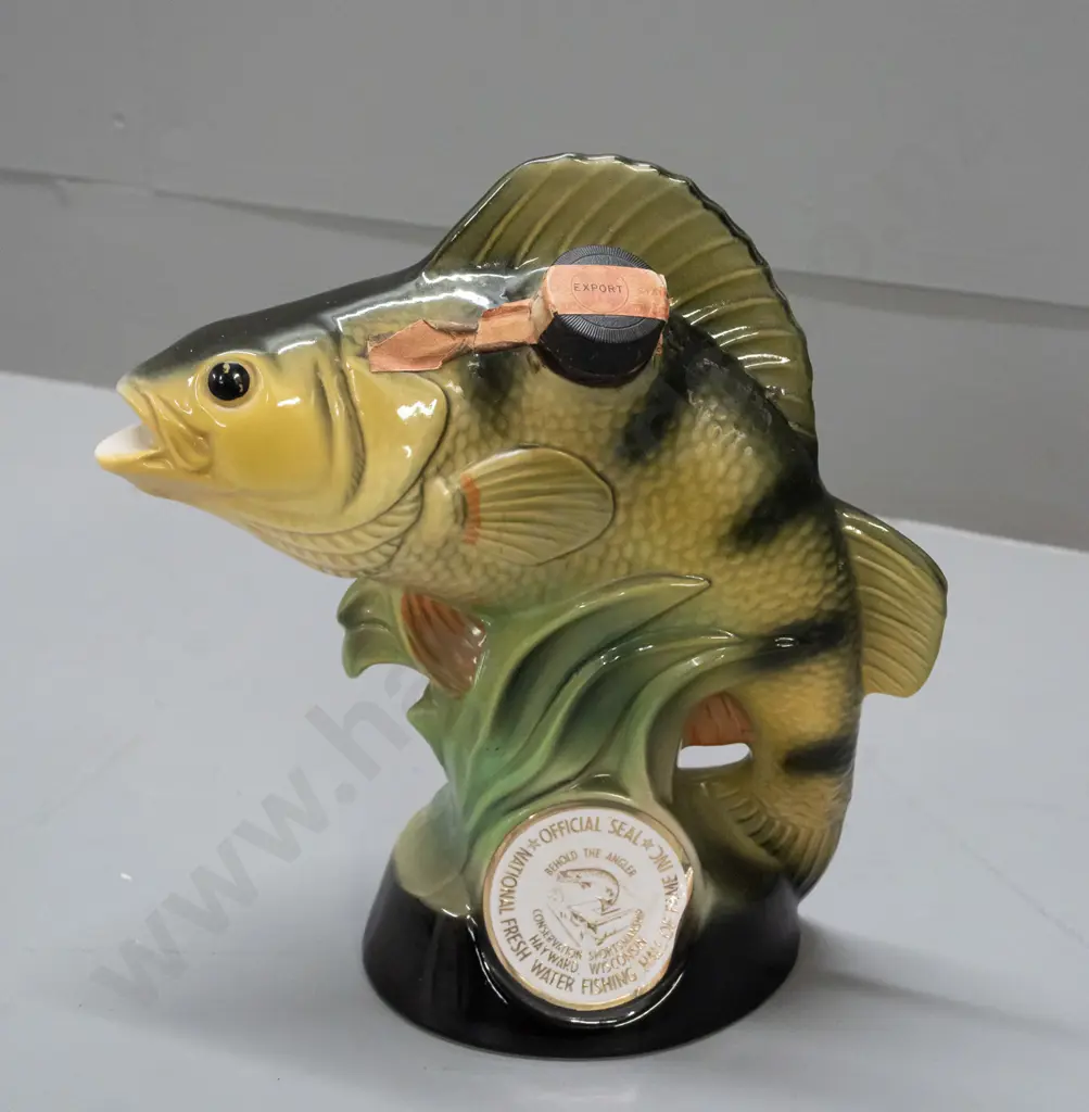 Jim Beam National Freshwater Fishing decanter, paper seal worn but intact, marked 1980 on base, label peeling away H245 Image 1++