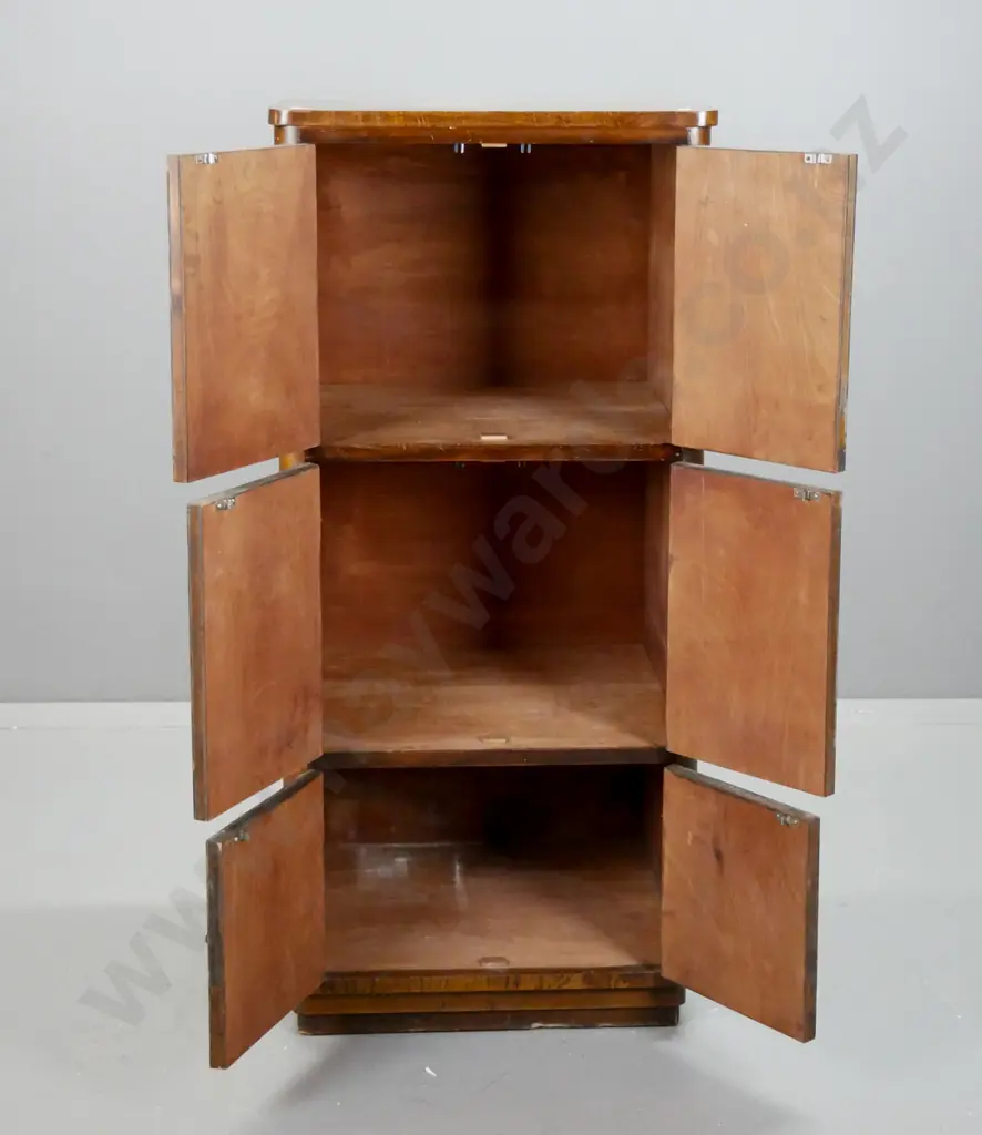 art deco figured laminate 6-door cabinet with rounded corners on plinth base, w/ chrome knobs. Some corrosion to knobs & Image 1++