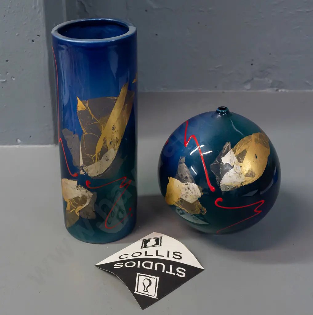 2 small Peter Collis studio pottery vases - cylindrical H-210 and a globe-shape bud vase Image 1++