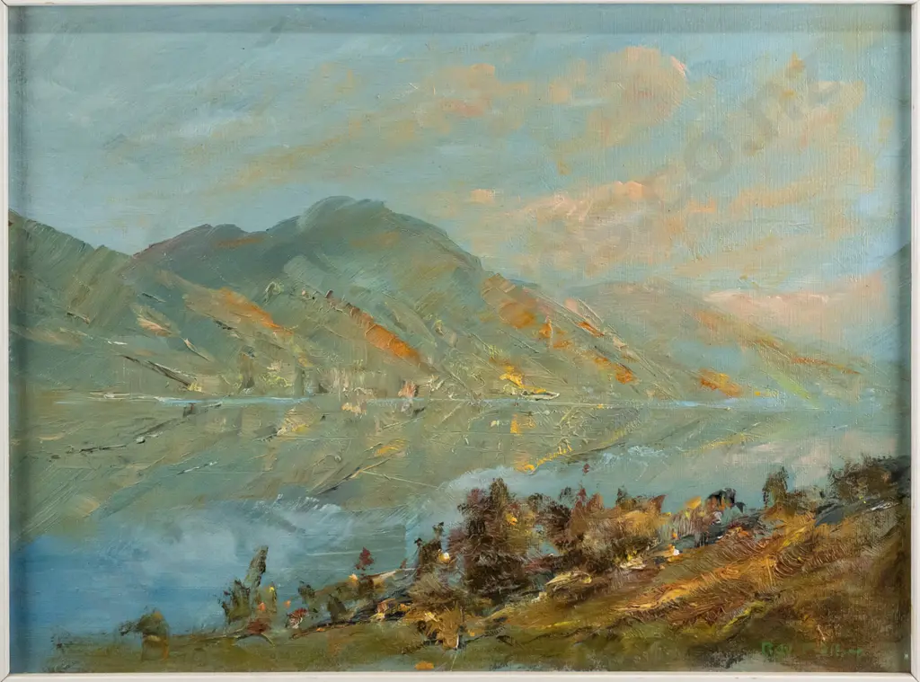 Ray Melhop 1980 - framed watercolour - Frankton Arm of Lake Wakatipu, viewed from Kelvin Heights side H290 W390 Image 1++